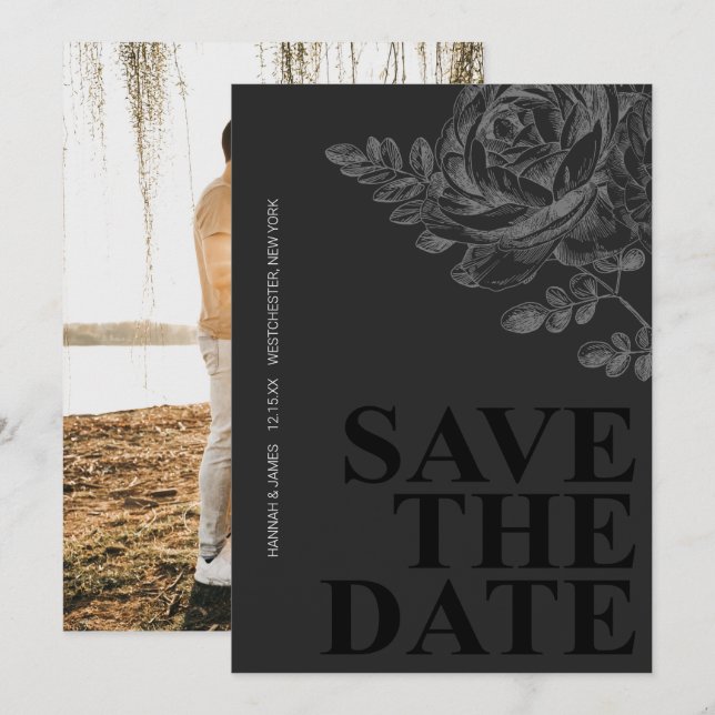 Romantic Photo Floral Black White Save the Date Invitation (Front/Back)