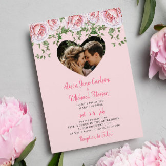 Romantic photo heart pink floral wedding invitation