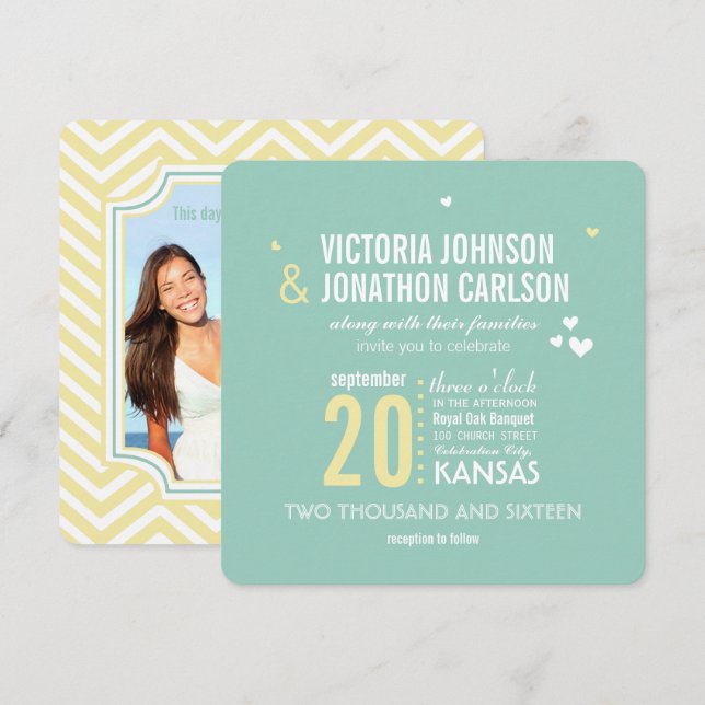 Romantic Photo Mint and Yellow Zig Zag Wedding Invitation (Front/Back)