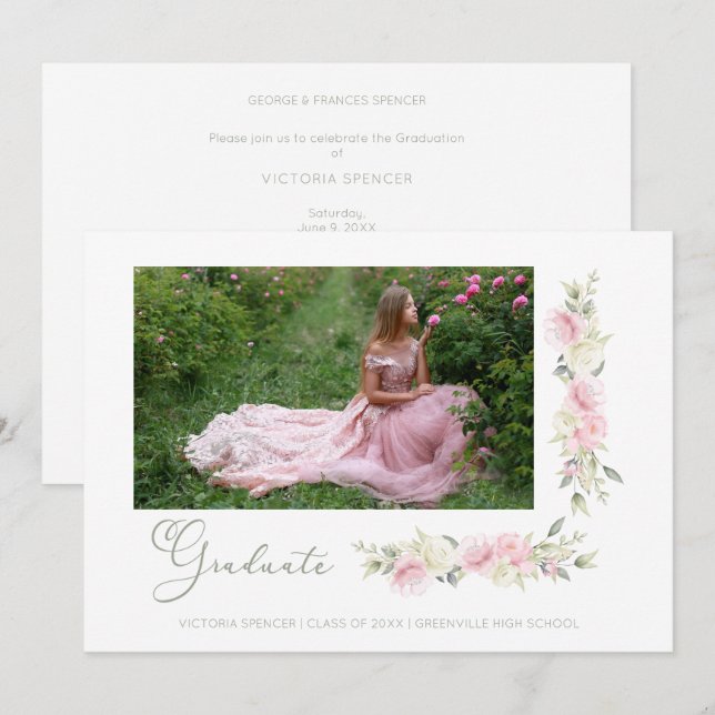 Romantic Photo Spring Pink Floral Wreath Graduatio Invitation (Front/Back)