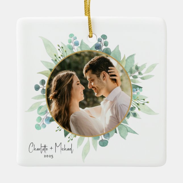 Romantic Photo Wedding Keepsake Ceramic Ornament (Front)