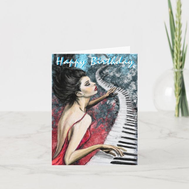 Romantic Piano Lady Birthday Card (Front)