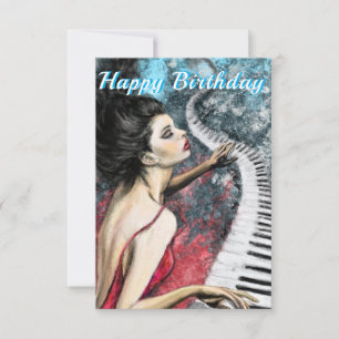 Romantic Piano Music Lady in Red Birthday Card