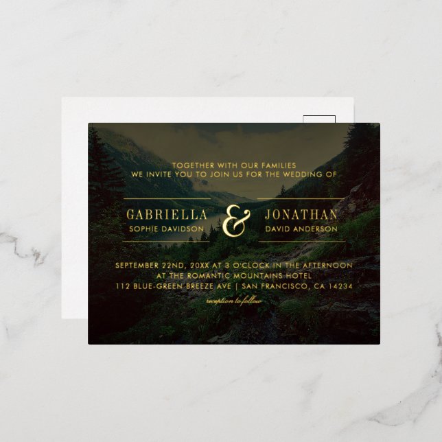 Romantic Pines, Mountains & Lake Wedding Foil Invitation Postcard (Front/Back)