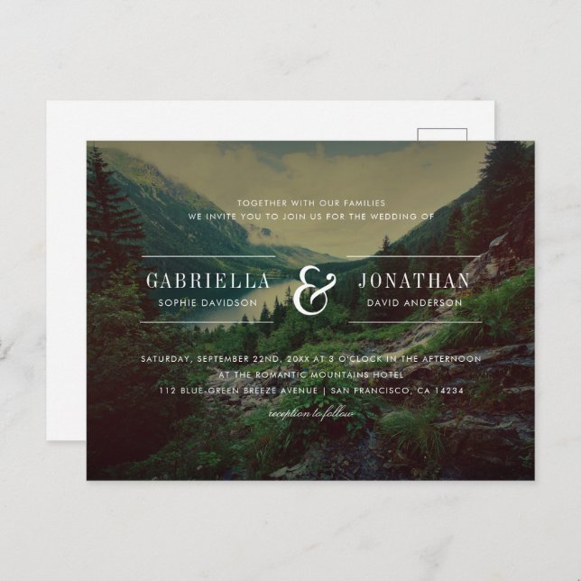 Romantic Pines, Mountains & Lake Wedding Invitation Postcard (Front/Back)