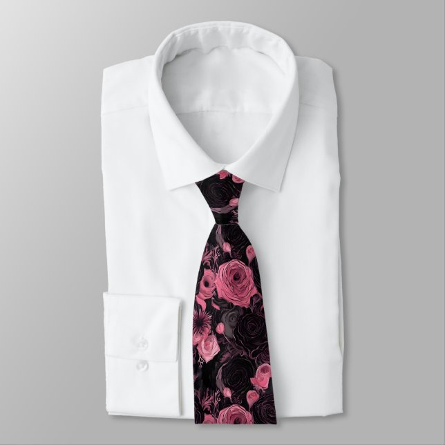 Romantic Pink and Black Gothic Roses Tie (Tied)