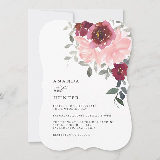 Romantic Pink and Burgundy Floral Wedding Invitation (Front)
