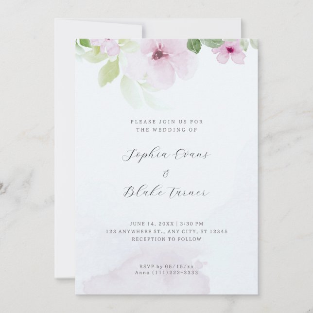 Romantic Pink and Green Floral Blue Wedding Invitation (Front)