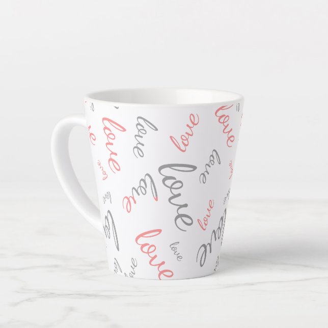 Romantic Pink and Grey Love Script Cursive Latte Mug (Left Angle)