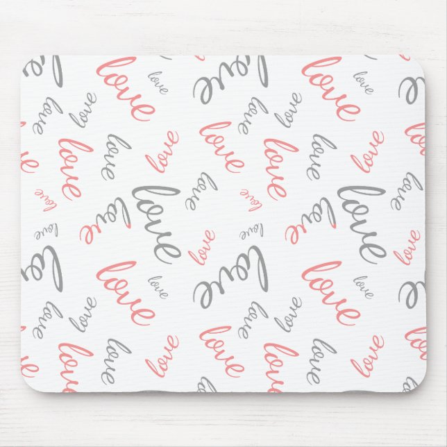 Romantic Pink and Grey Love Script Cursive Mouse Mat (Front)