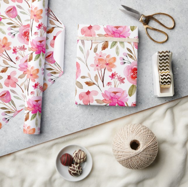 Romantic Pink and Peach Watercolor Floral Wrapping Paper (Crafts)