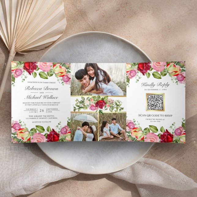 Romantic Pink and Red Roses QR Code Wedding Tri-Fold Invitation (Creator Uploaded)