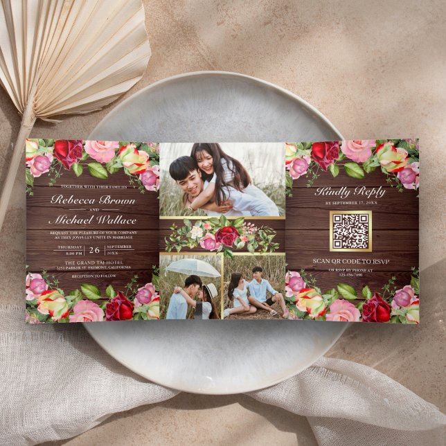 Romantic Pink and Red Roses QR Code Wood Wedding Tri-Fold Invitation (Creator Uploaded)