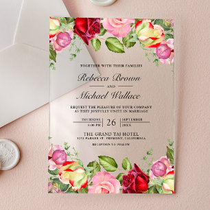 Romantic Pink and Red Roses Wedding Acrylic Invitations