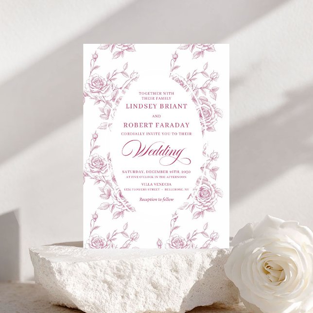 Romantic Pink and White Rose Pattern Wedding Invitation (Romantic Pink and White Rose Pattern Wedding Invite)