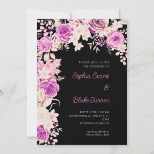 Romantic Pink and White Roses Black Wedding Invitation