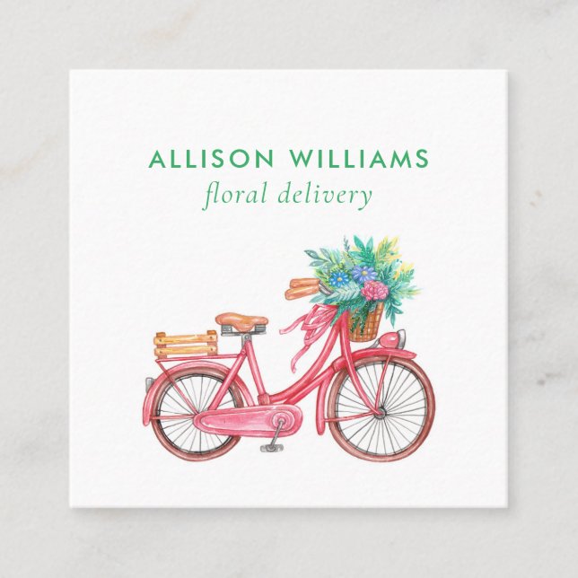 Romantic Pink bicycle Floristry, Flower Shop  Square Business Card (Front)