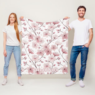 Romantic Pink Blossom Branches White Floral Fleece Blanket