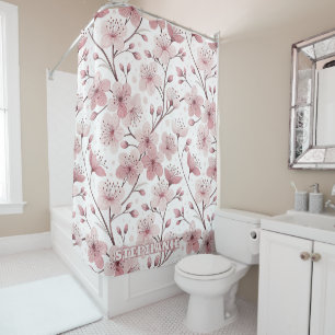 Romantic Pink Blossom Branches White Floral Shower Curtain