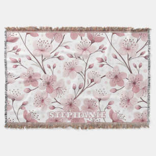Romantic Pink Blossom Branches White Floral Throw Blanket