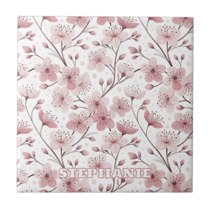 Romantic Pink Blossom Branches White Floral Tile