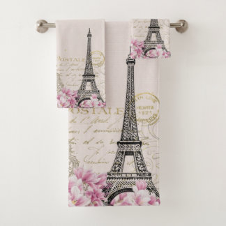 Romantic Pink Blossoms Paris Eiffel Tower Bath Towel Set