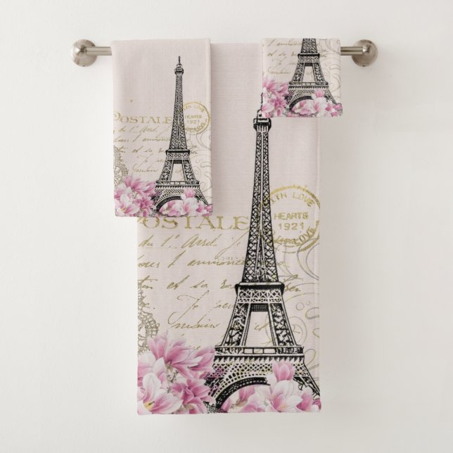 Romantic Pink Blossoms Paris Eiffel Tower Bath Towel Set (Insitu)