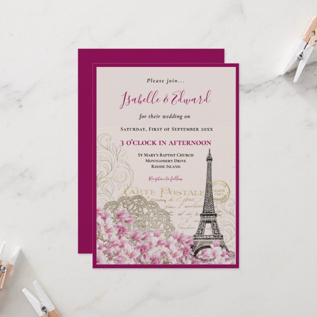 Romantic Pink Blossoms Paris Eiffel Tower Wedding  Invitation (Front/Back In Situ)