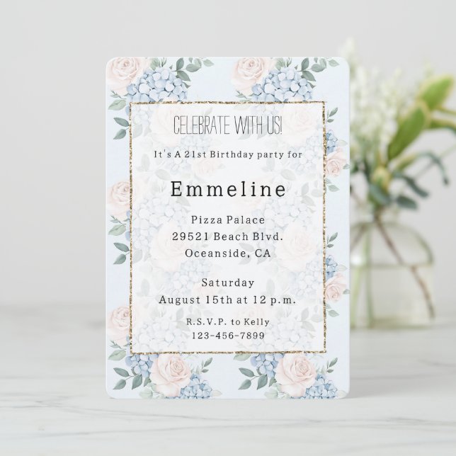 Romantic Pink Blue Flowers Birthday   Invitation (Standing Front)