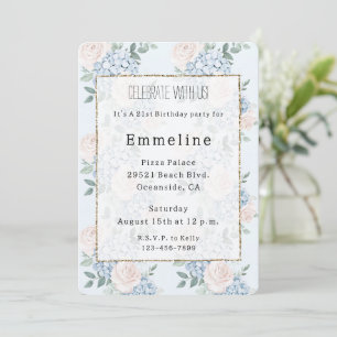 Romantic Pink Blue Flowers Birthday   Invitation