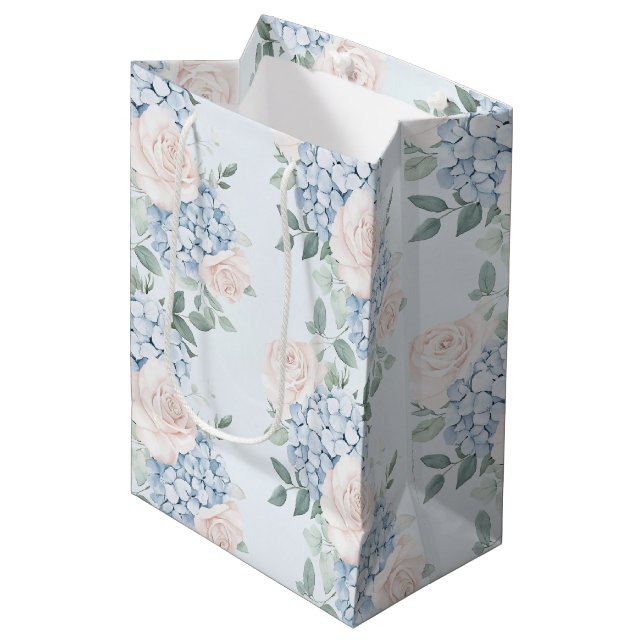 Romantic Pink Blue Flowers Bridal Shower Medium Gift Bag (Front Angled)