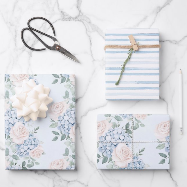Romantic Pink Blue Flowers Bridal Shower Wrapping Paper Sheet (Front)