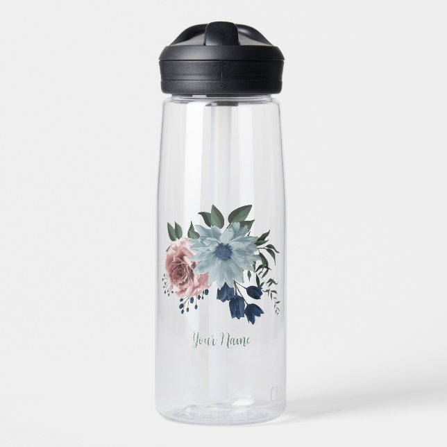 Romantic pink blue flowers greenery water bottle (Front)