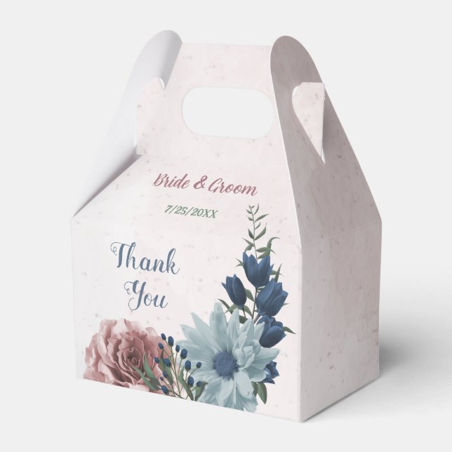 Romantic pink blue flowers greenery wedding favour box (Front Side)