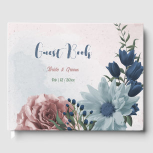 Romantic pink blue flowers greenery wedding guest book