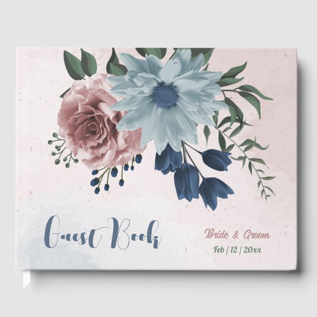 Romantic pink blue flowers greenery wedding guest book (Front)