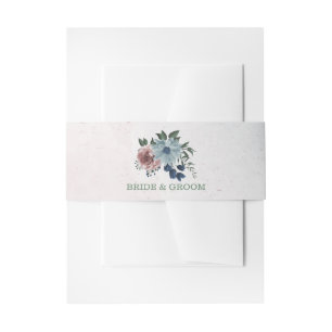 Romantic pink blue flowers greenery wedding invitation belly band