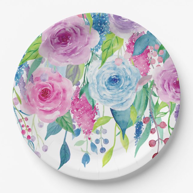 Romantic Pink Blue Watercolor Floral Paper Plate (Front)