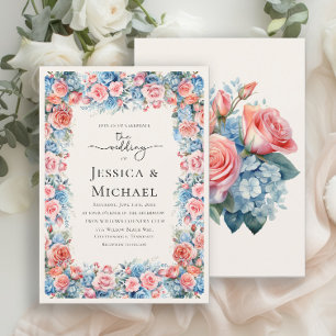 Romantic Pink Blue Watercolor Floral Wedding Invitation