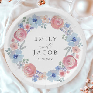 Romantic Pink & Blue Watercolor Floral wedding Paper Plate