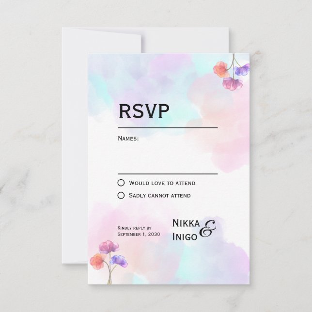 Romantic Pink & Blue Wedding RSVP Cards (Front)