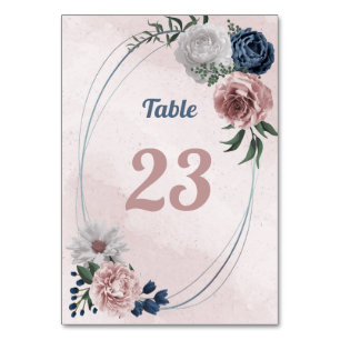 romantic pink blue & white floral greenery table number