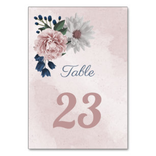 romantic pink blue & white floral greenery table number