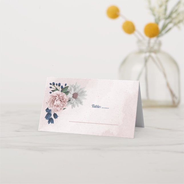 romantic pink blue & white floral greenery  table  place card (Front)