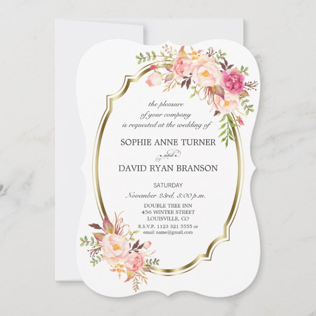 Romantic Pink Blush Floral Gold Frame Wedding Invitation (Front)