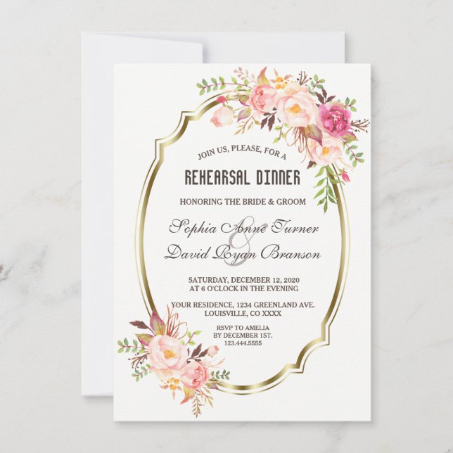 Romantic Pink Blush Floral Gold Rehearsal Dinner Invitation (Front)