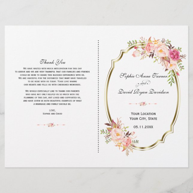 Romantic Pink Blush Floral Gold Wedding Program (Front)