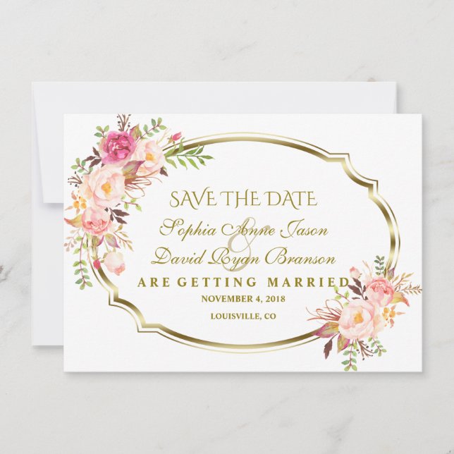 Romantic Pink Blush Floral Gold Wedding Save The Date (Front)
