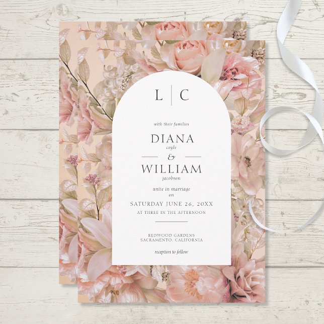 Romantic Pink Blush Floral Monogram Arch Invitation (Creator Uploaded)