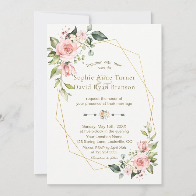 Romantic Pink Blush Flowers Gold Frame Wedding Invitation (Front)